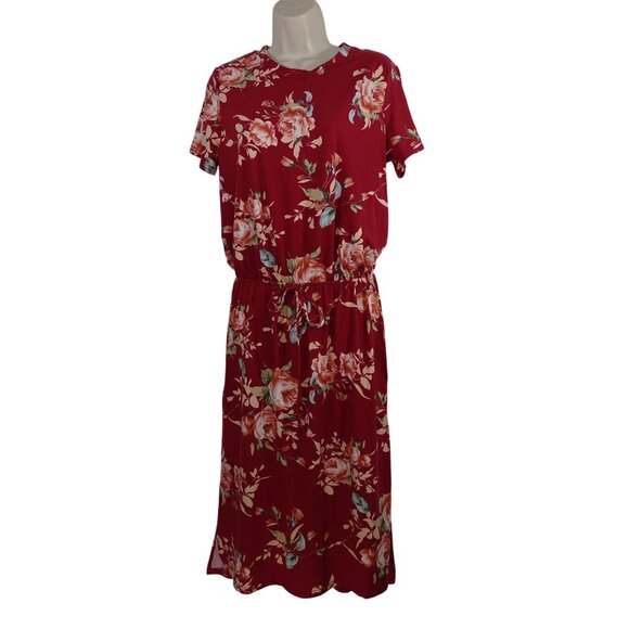 Floral Red Midi Dress With Elastic Waist Women Size L Short Sleeve Pocket FLAW - Picture 1 of 12